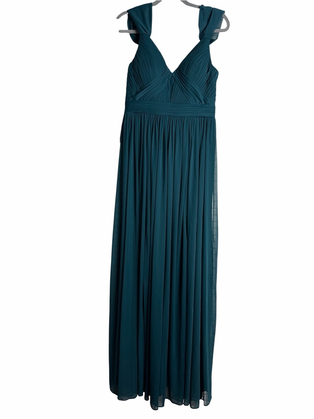 Azazie Teal V‑Neck Pleated Bridesmaid Gown, Gala, Size A10, Bridesmaids, Prom